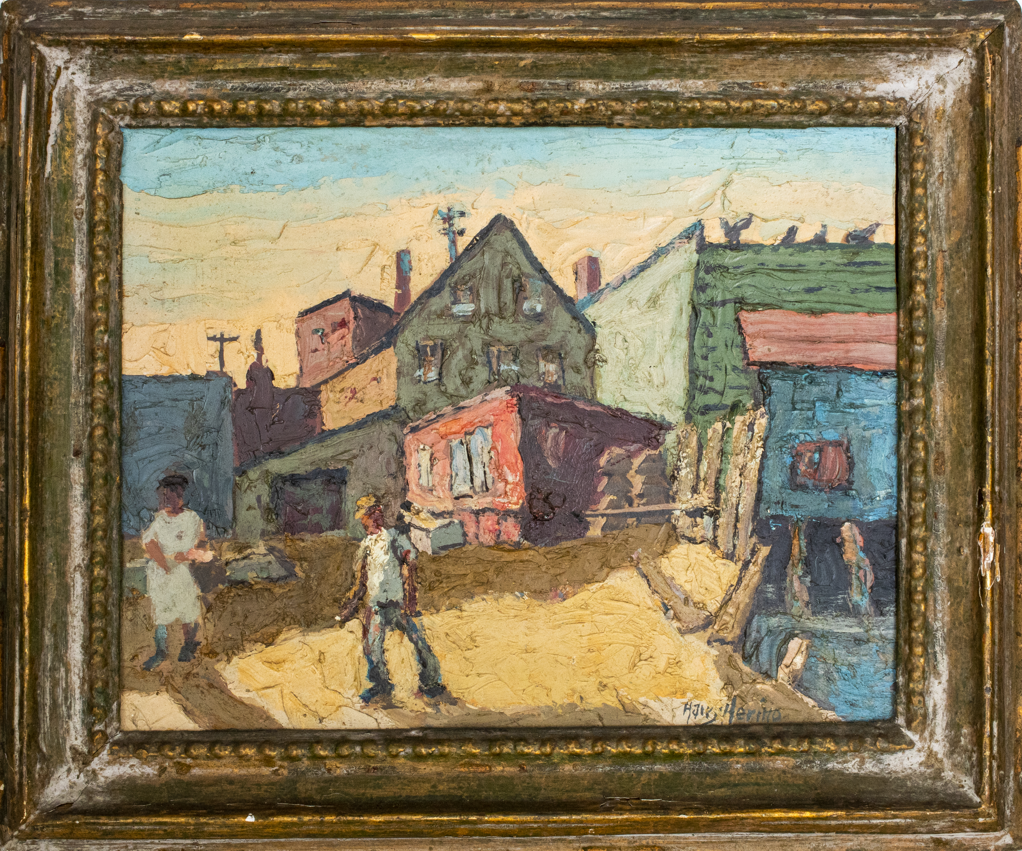 HARRY MERINO STREET SCENE OIL ON