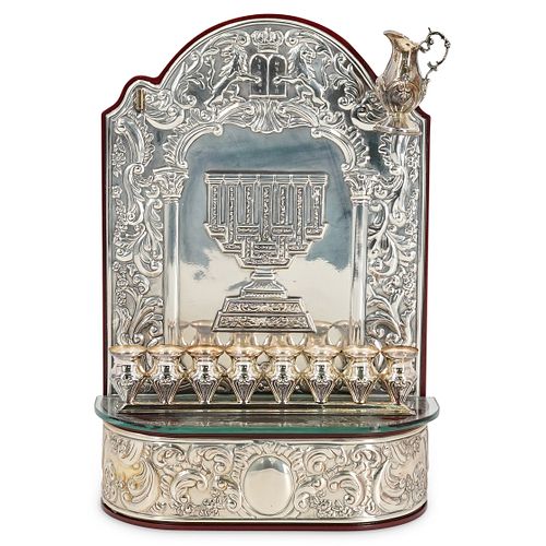 HAZORFIM STERLING MENORAH ON WOODEN