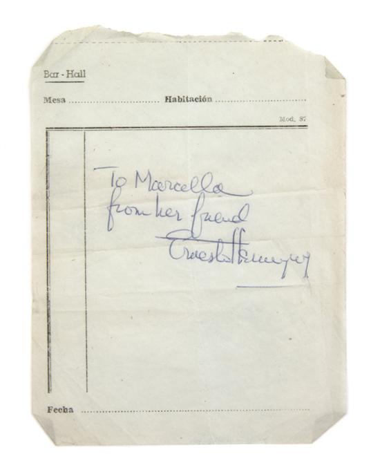 HEMINGWAY ERNEST Autograph note