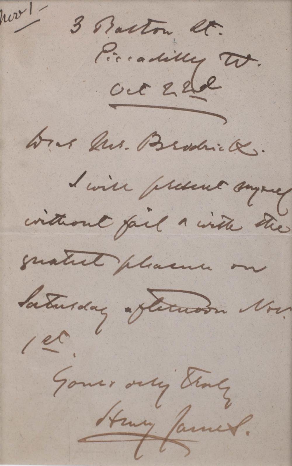 HENRY JAMES AUTOGRAPH LETTER,