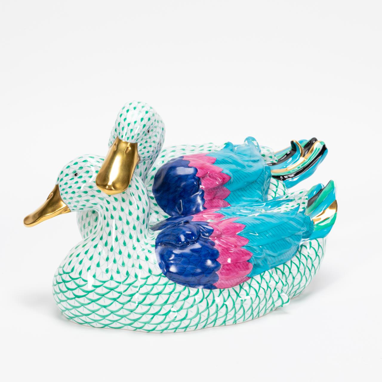 HEREND GREEN FISHNET DUCK PORCELAIN