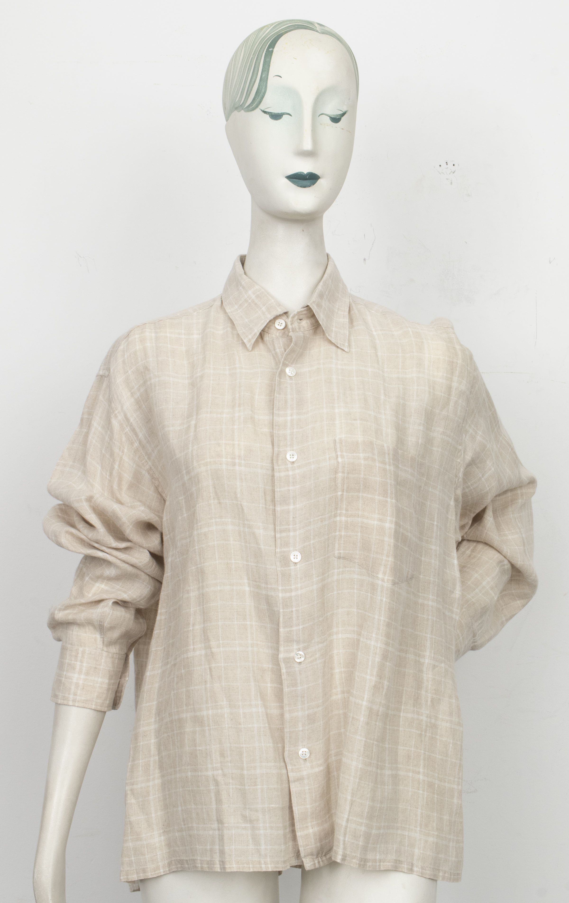 HERMES TAN AND WHITE PLAID LINEN
