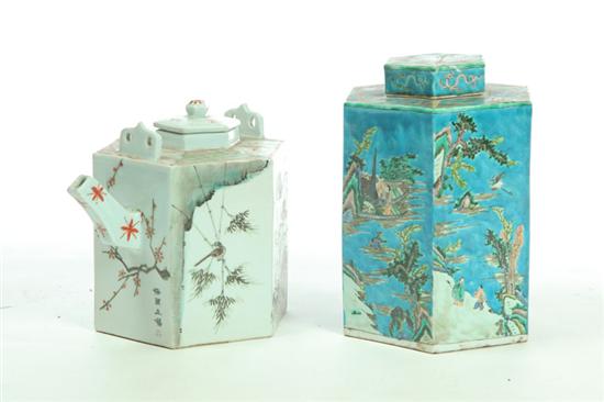 HEXAGONAL TEAPOT AND TEA CADDY. 