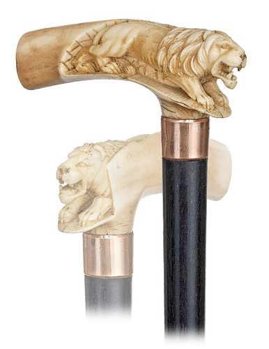 HIPPO TOOTH LION CANE-Ca. 1880