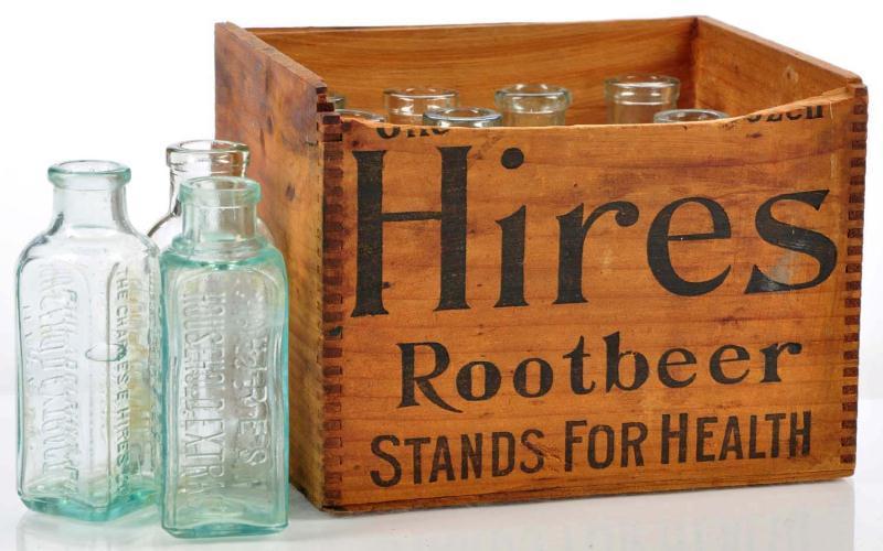 Hires Rootbeer Bottles in Case. 
