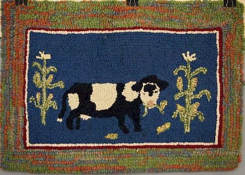 HOOKED RUG, COW AND CORNAn early