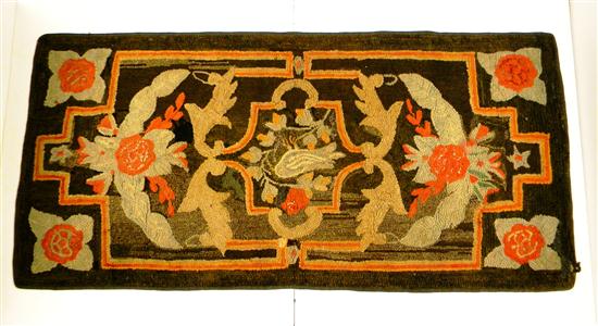 Hooked rug  dark green and red with