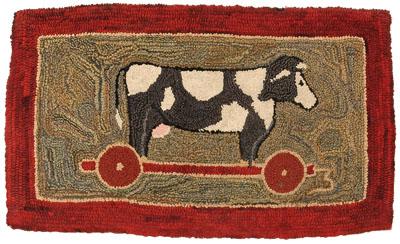 Hooked rug, pull toy with cow, 28 x