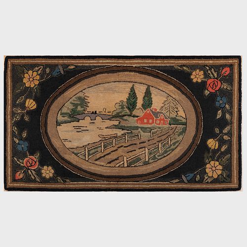 HOOKED RUG WITH LANDSCAPE SCENE AND