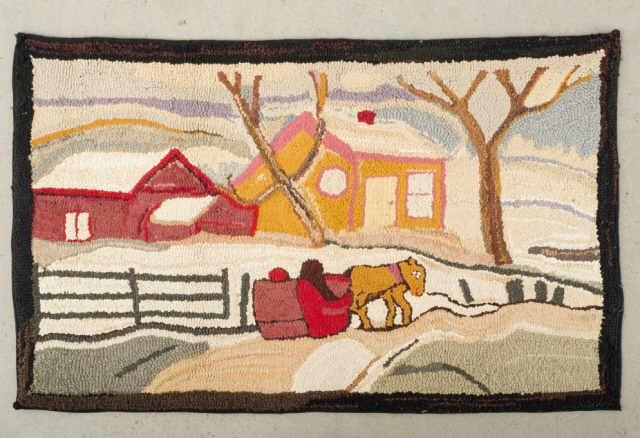 HOOKED RUG WITH SLEIGH SCENE, MID