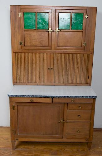 HOOSIER CABINET WITH SLAG GLASS
