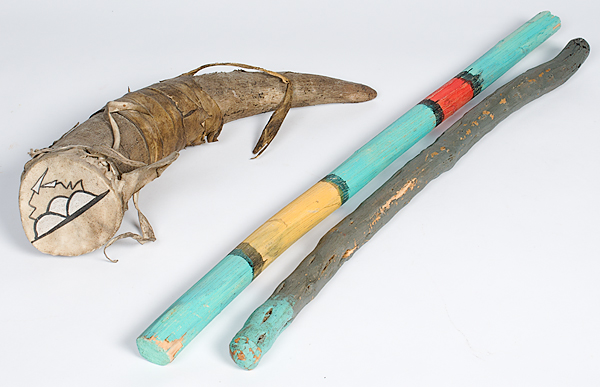Hopi Horn Rattle and Dance Sticks
