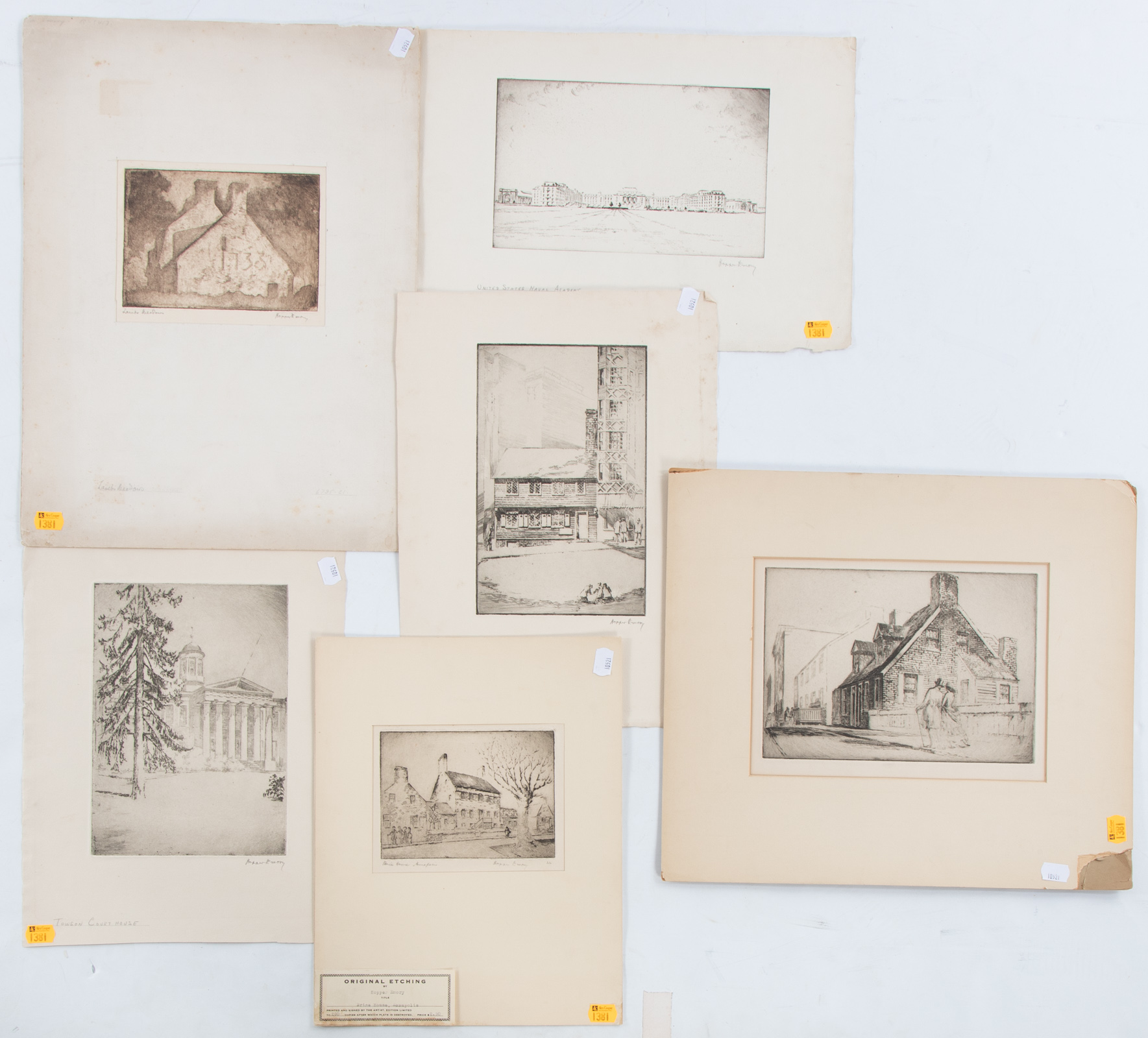 HOPPER EMORY. SIX UNFRAMED ETCHINGS