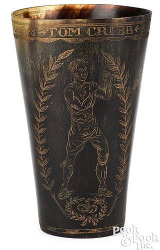 HORN CUP, 19TH C., CARVED WITH