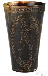 HORN CUP, 19TH C., CARVED WITH