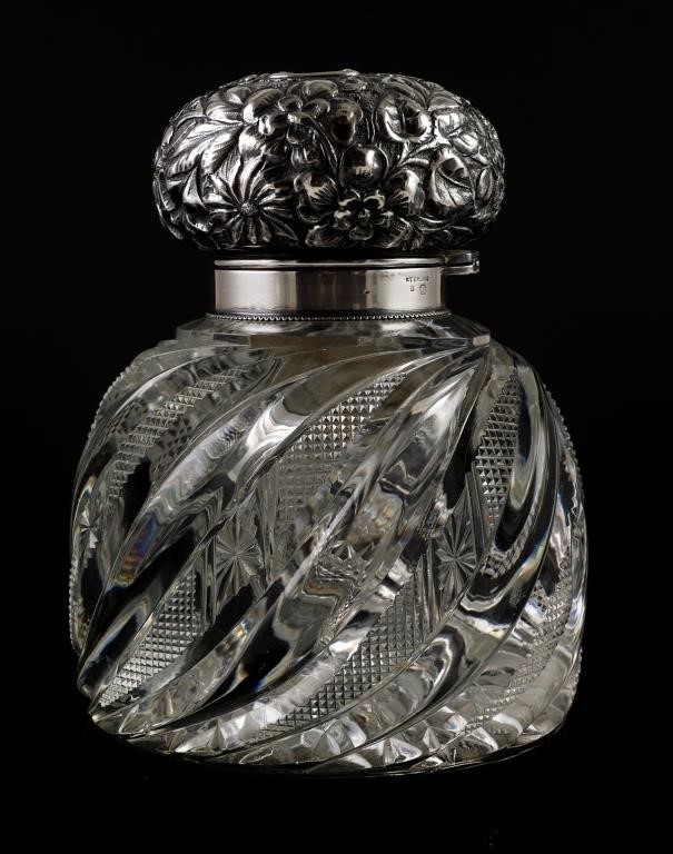 HUGE CUT GLASS INKWELL, STERLING