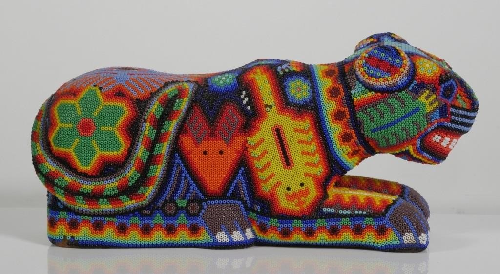 HUICHOL INDIAN BEAD JAGUAR STATUE
