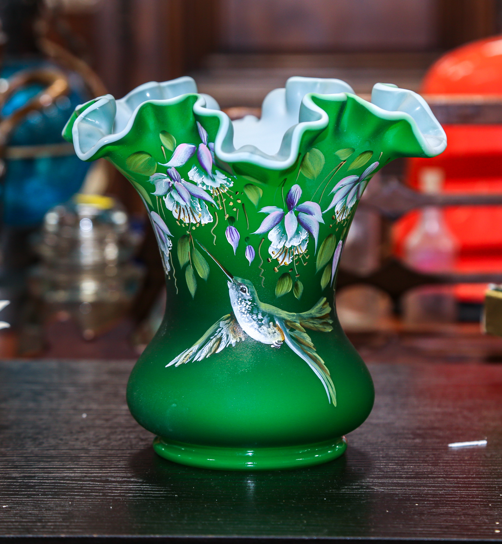 HUMMINGBIRD DECORATED FENTON VASE