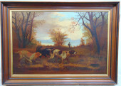 HUNT SCENE, 3 DOGS WITH HUNTER