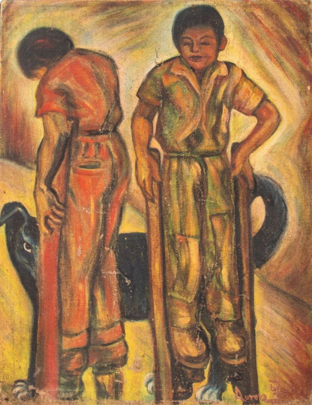 ILLEGIBLY SIGNED CHILDREN ON STILTS