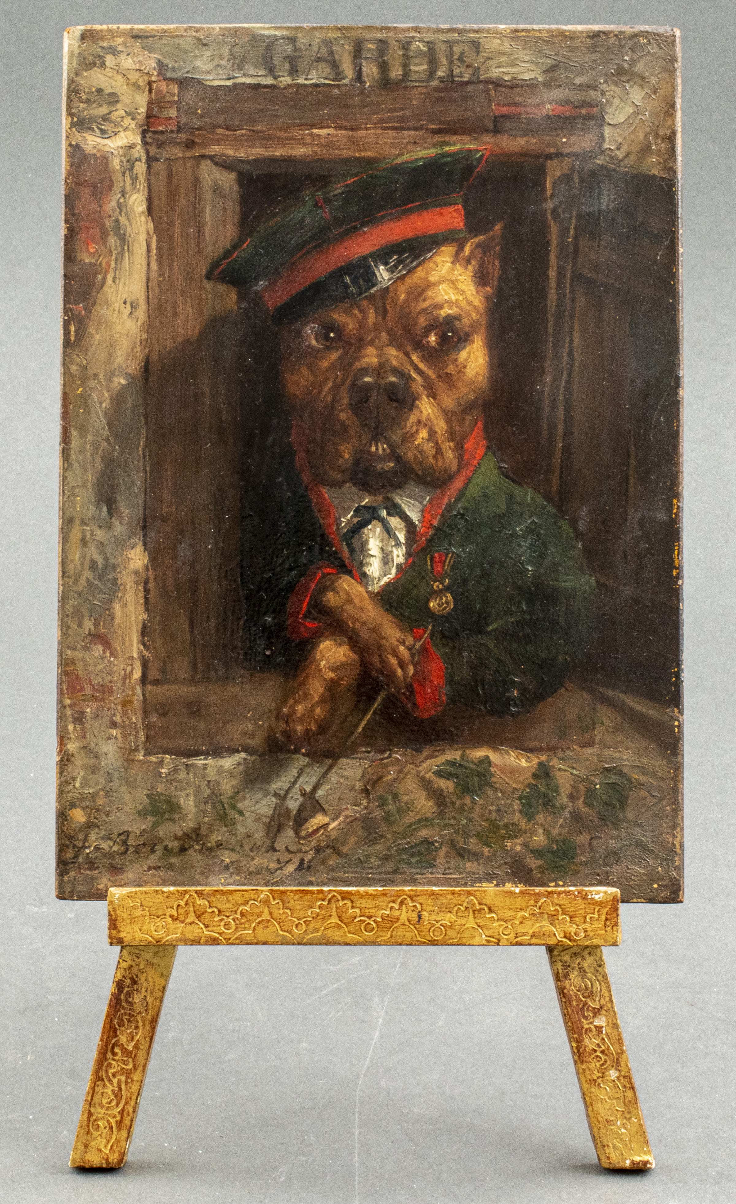 ILLEGIBLY SIGNED "DOG IN A HAT" OIL