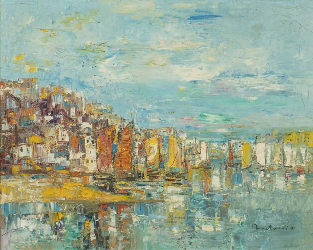 ILLEGIBLY SIGNED, HARBOR SCENE, OIL