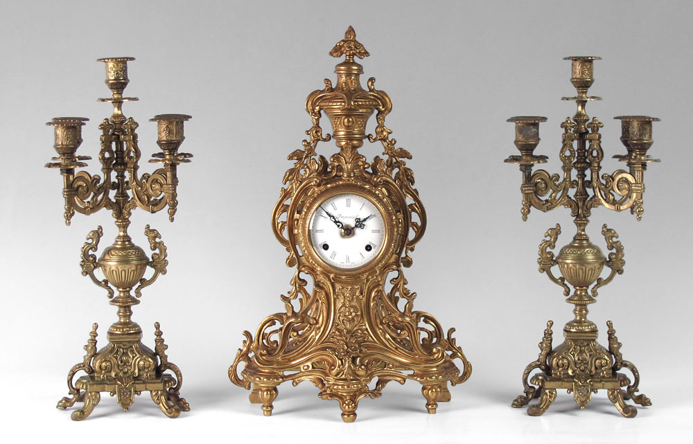 IMPERIAL BRASS CLOCK GARNITURE SET: