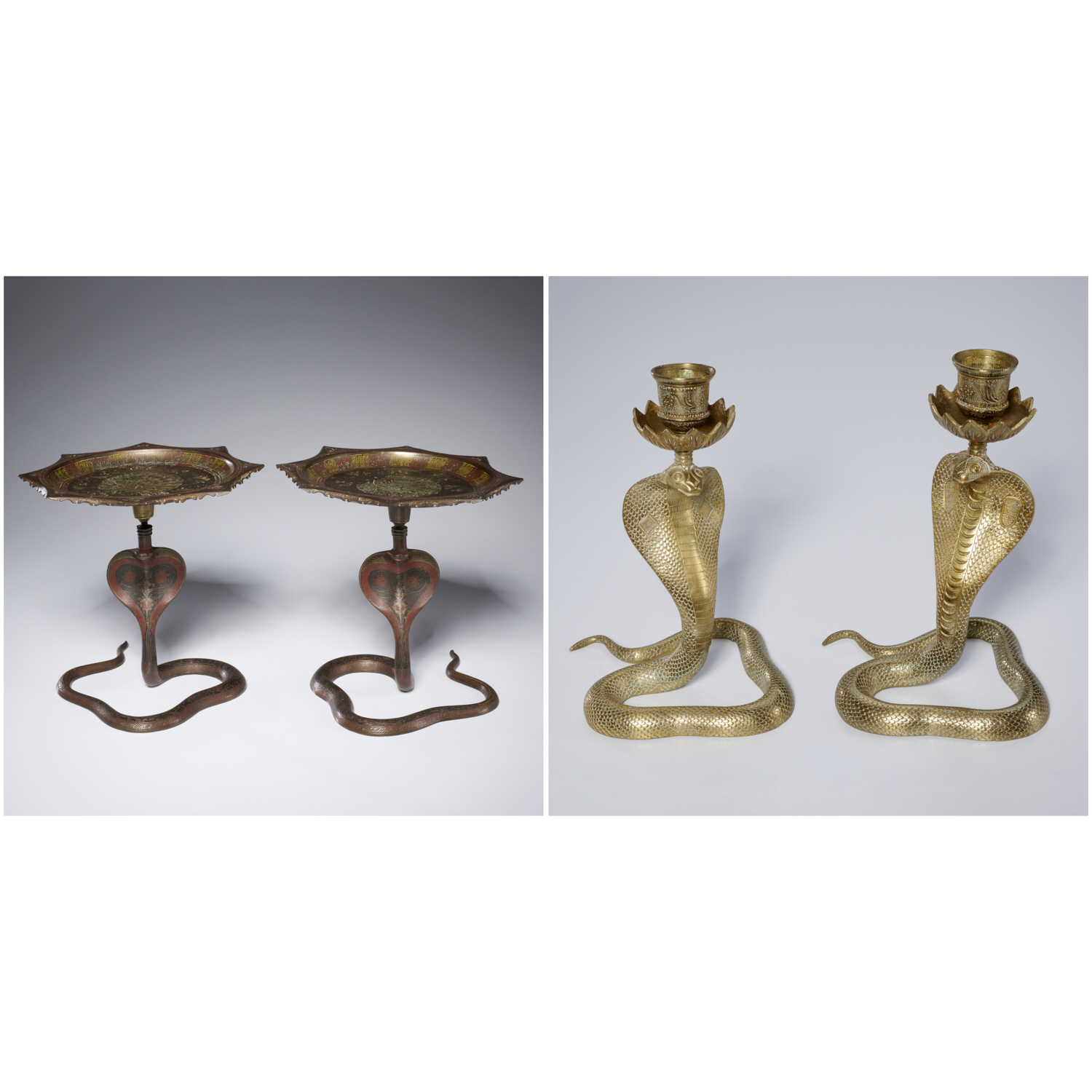 INDIAN BRASS COBRA CANDLESTICKS AND