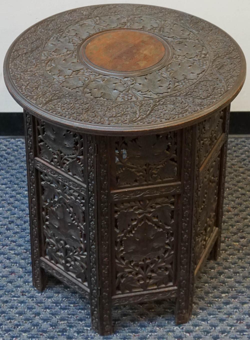INDIAN CARVED BRASS INLAID TEAK