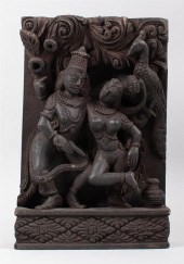 INDIAN CARVED WOOD PANEL DEPIC