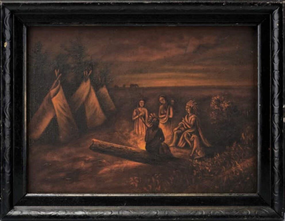 INDIAN ENCAMPMENTA naïve oil on