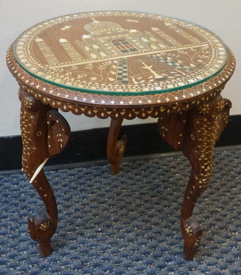 INDIAN INLAID TEAK SIDE TABLE, 18