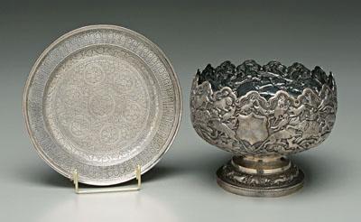 Indian silver bowl, plate: footed