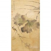 INK PAINTING OF BIRD AND LOTUS