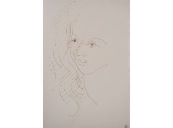 Ink sketch of a face, stamped lower