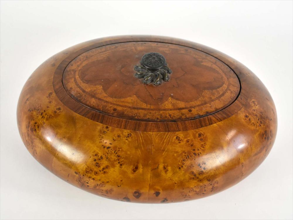INLAID BURLWOOD OVAL LIDDED BOWLThe