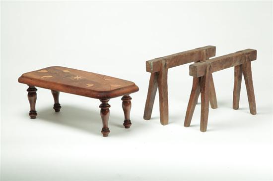 INLAID FOLK ART STOOL AND A PAIR OF