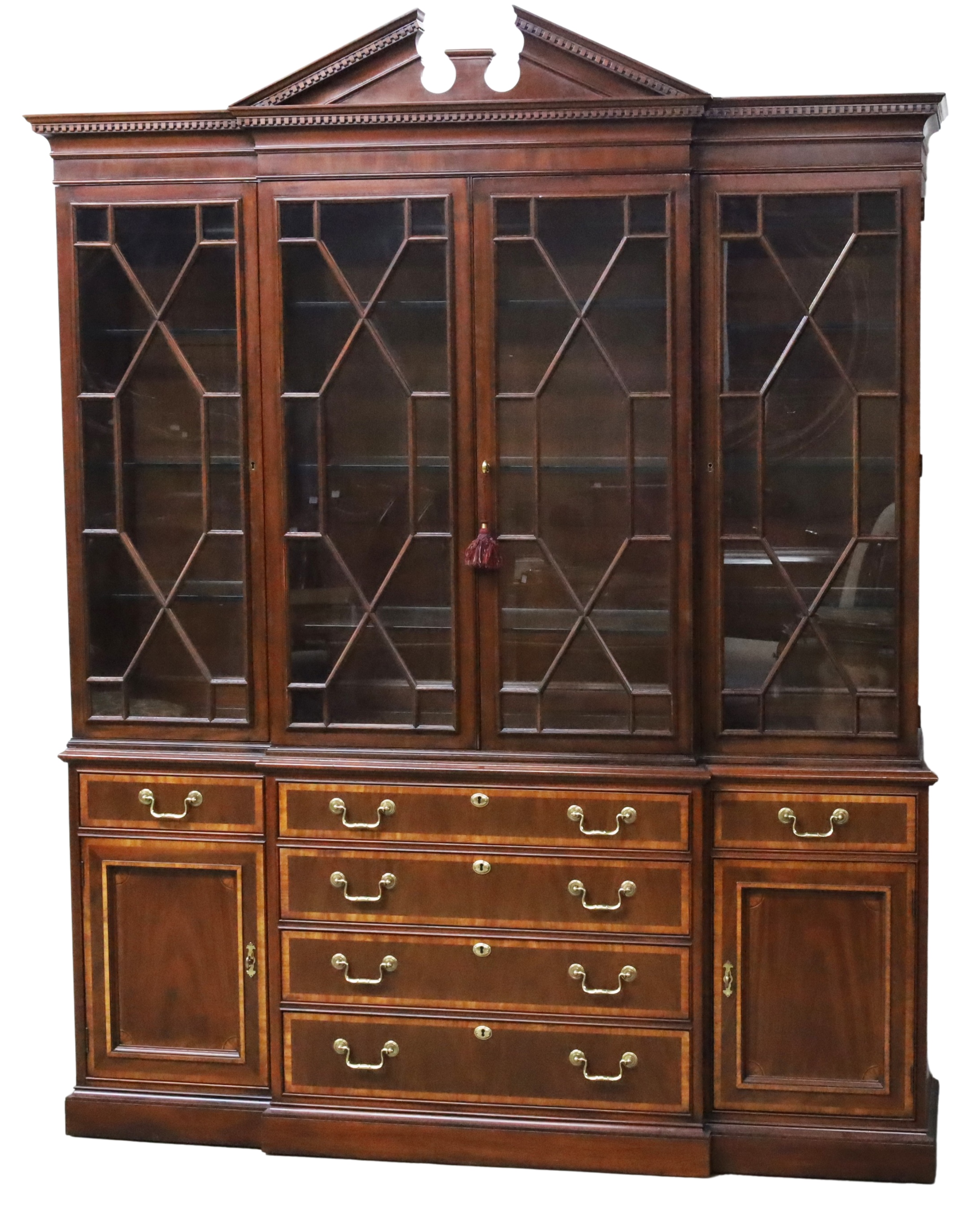 INLAID MAHOGANY BREAKFRONT BOOKCASE