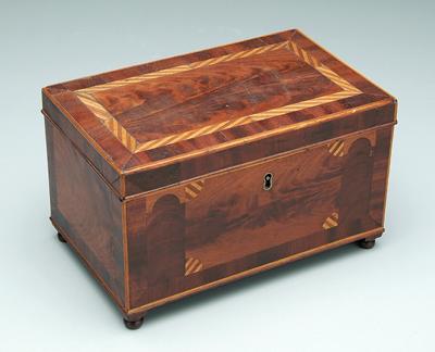 Inlaid mahogany jewelry cask,
