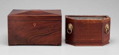 Inlaid mahogany planter, tea box: