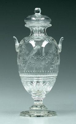 Intaglio cut glass lidded urn, fine