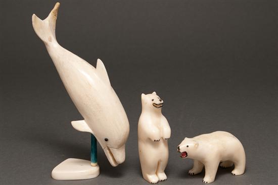Inuit carved bone porpoise, mounted
