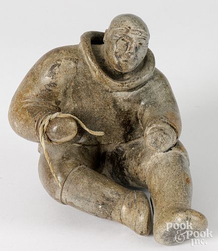 INUIT CARVED STONE SEATED ESKIMO