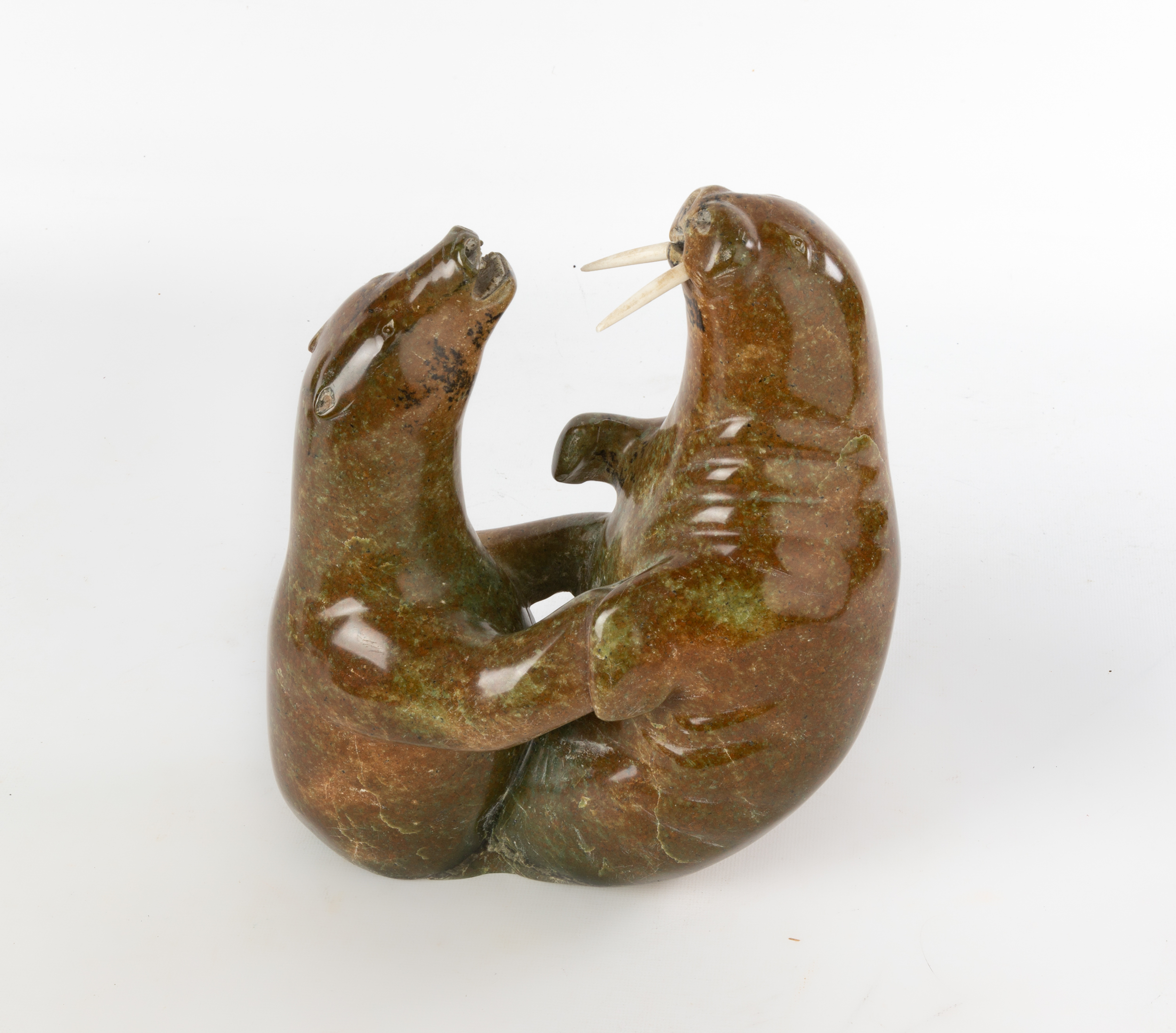 INUIT CARVED STONE WALRUS AND