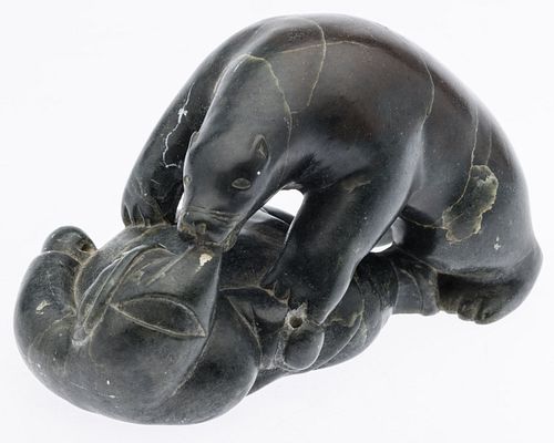 INUIT STONE CARVING, BEAR BITING