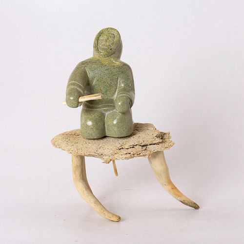 INUIT STONE SCULPTURE WITH ANTLER