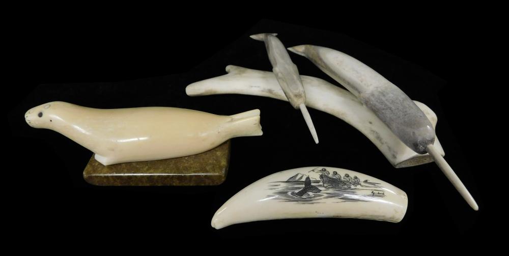 INUIT, THREE CARVED PIECES: IVORY