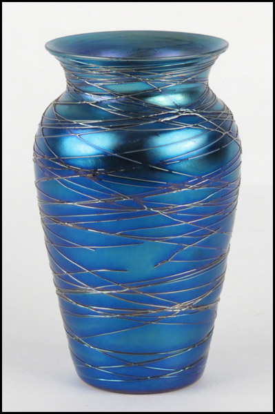 IRIDESCENT BLUE GLASS VASE. Bearing