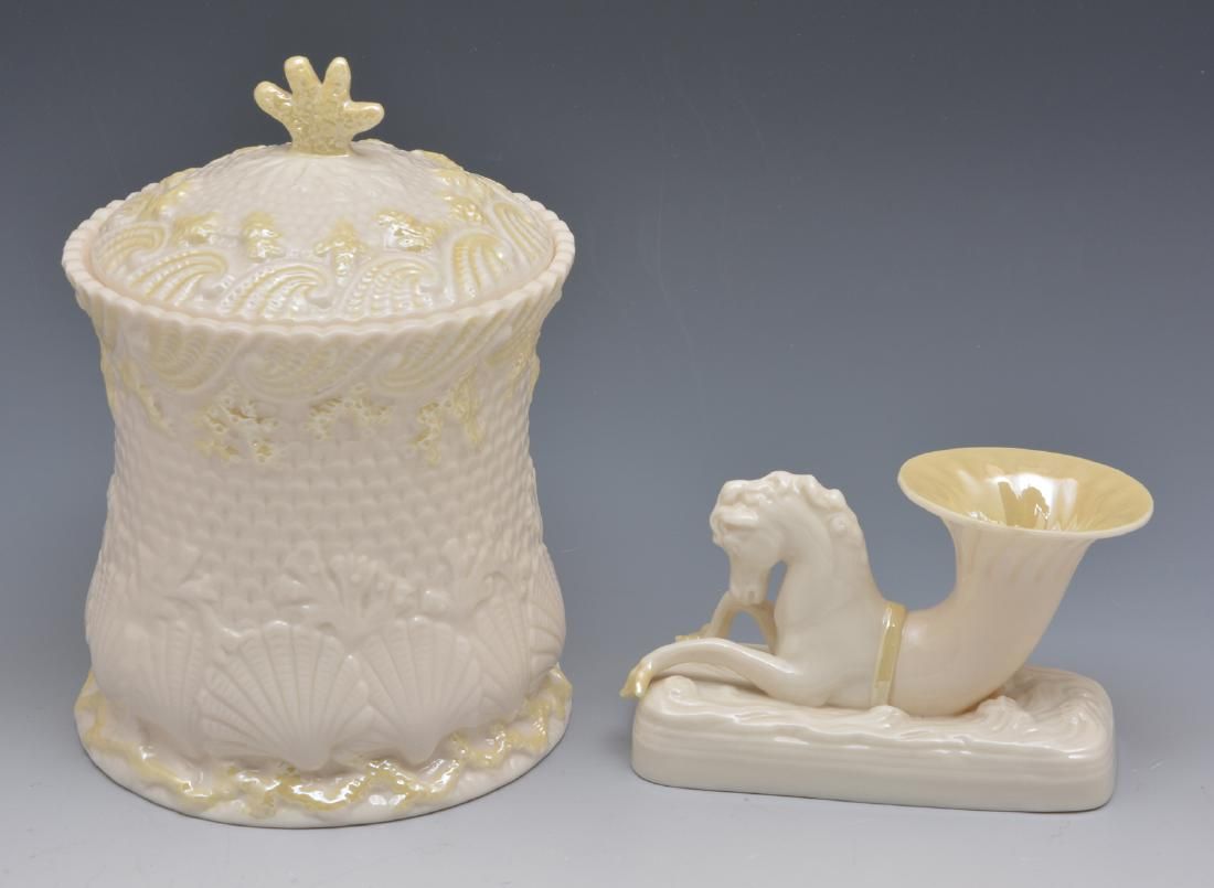 IRISH BELLEEK BISCUIT JAR AND