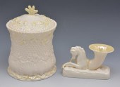 IRISH BELLEEK BISCUIT JAR AND